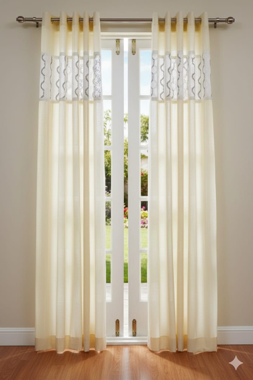 Elegant Ivory Semi-Linen Door Curtain 4×7 ft with Embroidered Panel