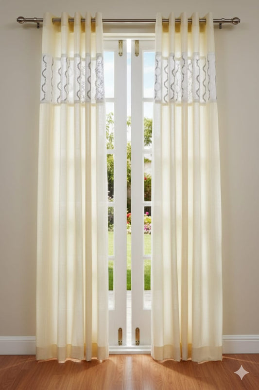 Elegant Ivory Semi-Linen Door Curtain 4×7 ft with Embroidered Panel