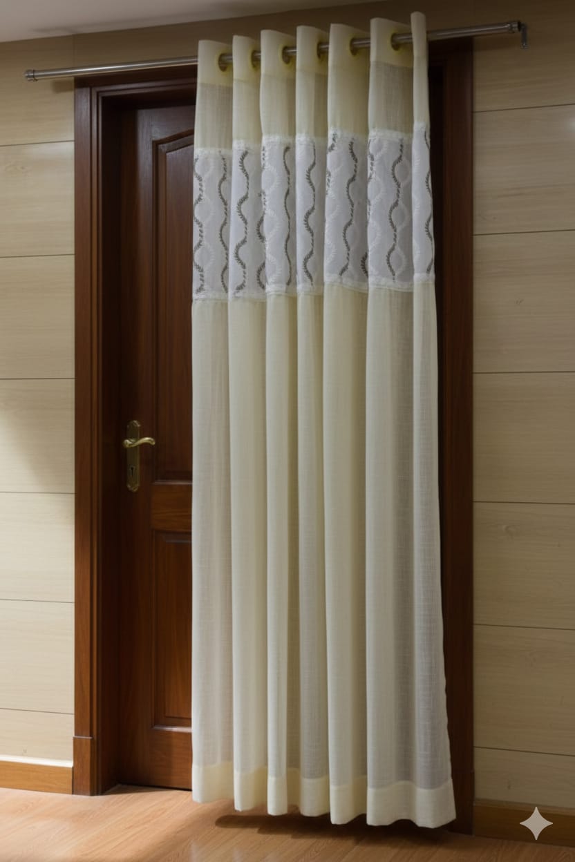 Elegant Ivory Semi-Linen Door Curtain 4×7 ft with Embroidered Panel