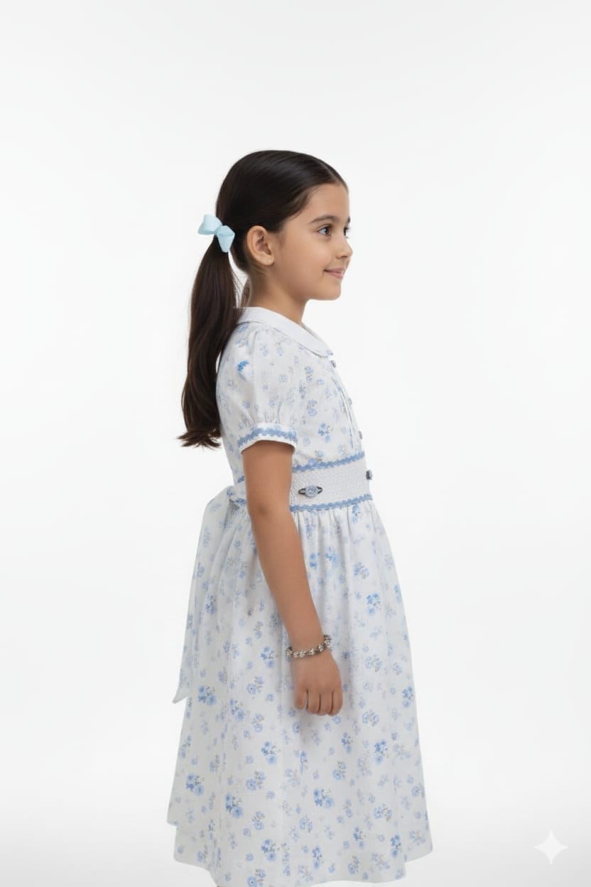 Girls Blue Floral Smocked Waist A-Line Frock with Peter Pan Collar