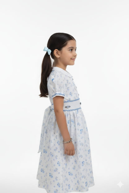 Girls Blue Floral Smocked Waist A-Line Frock with Peter Pan Collar