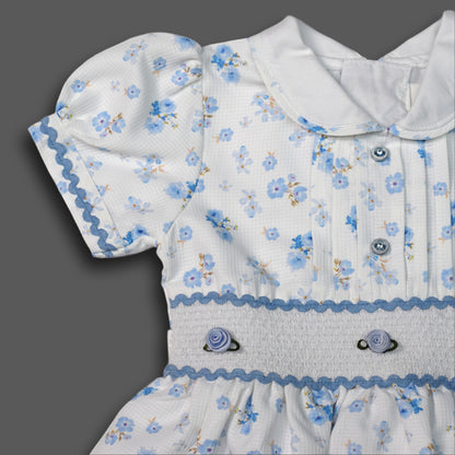 Girls Blue Floral Smocked Waist A-Line Frock with Peter Pan Collar
