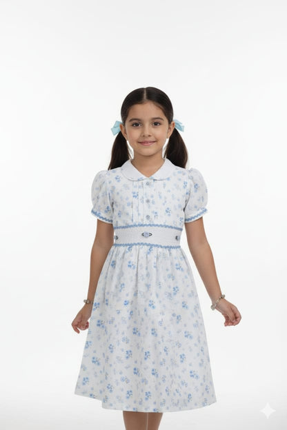Girls Blue Floral Smocked Waist A-Line Frock with Peter Pan Collar