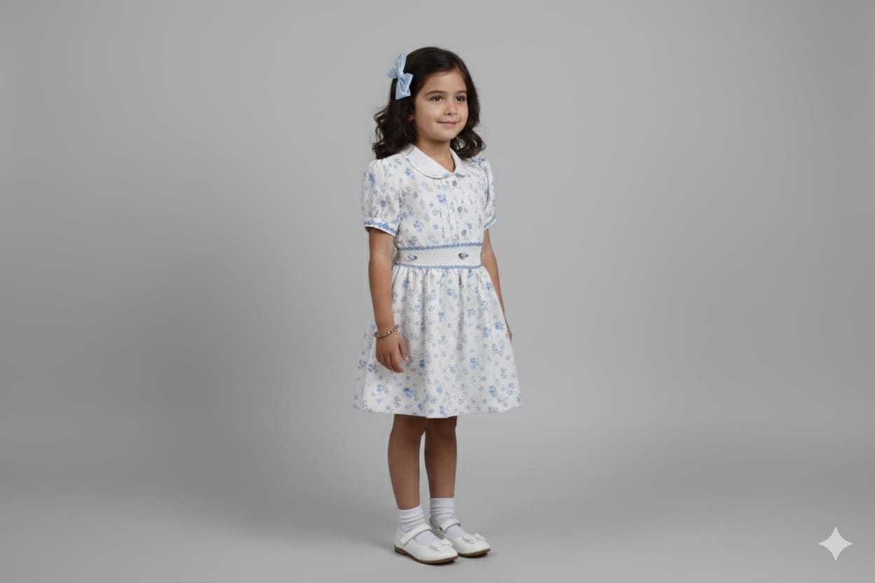 Girls Blue Floral Smocked Waist A-Line Frock with Peter Pan Collar