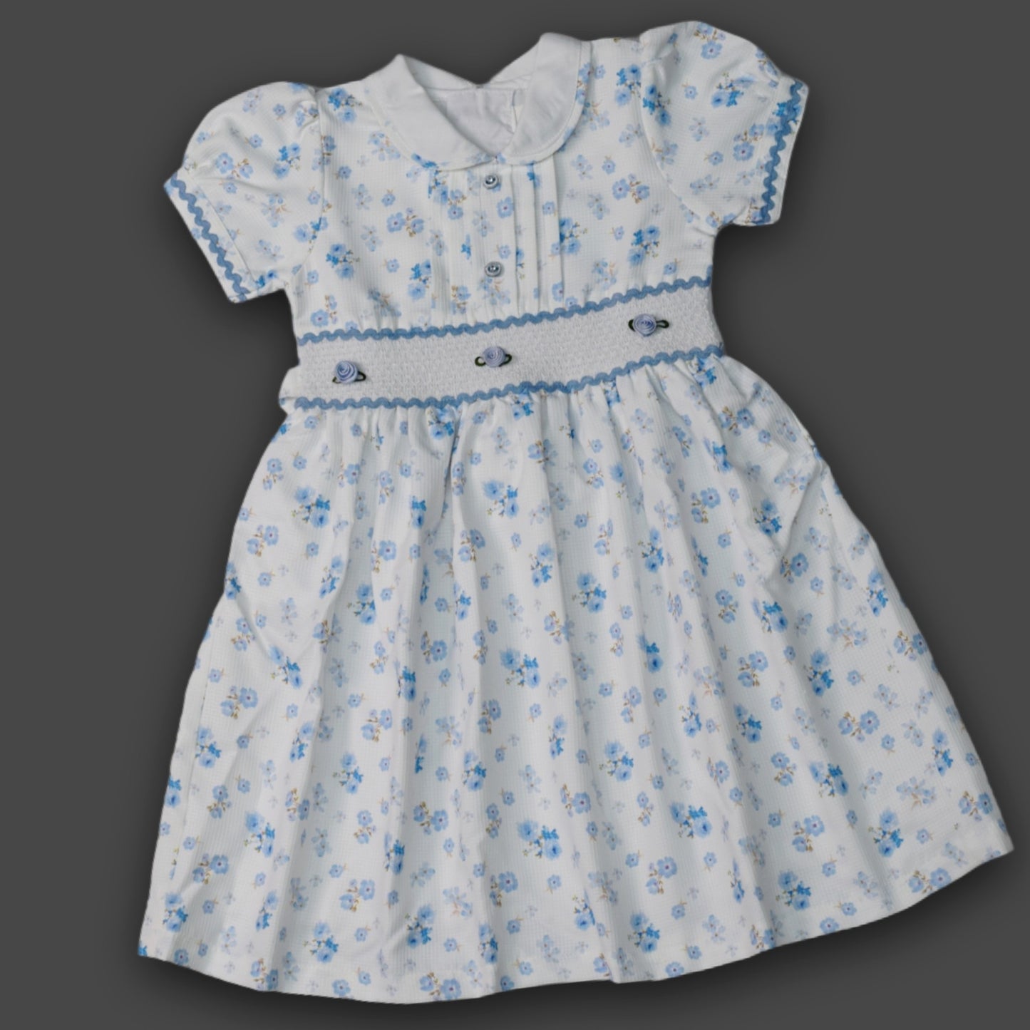 Girls Blue Floral Smocked Waist A-Line Frock with Peter Pan Collar
