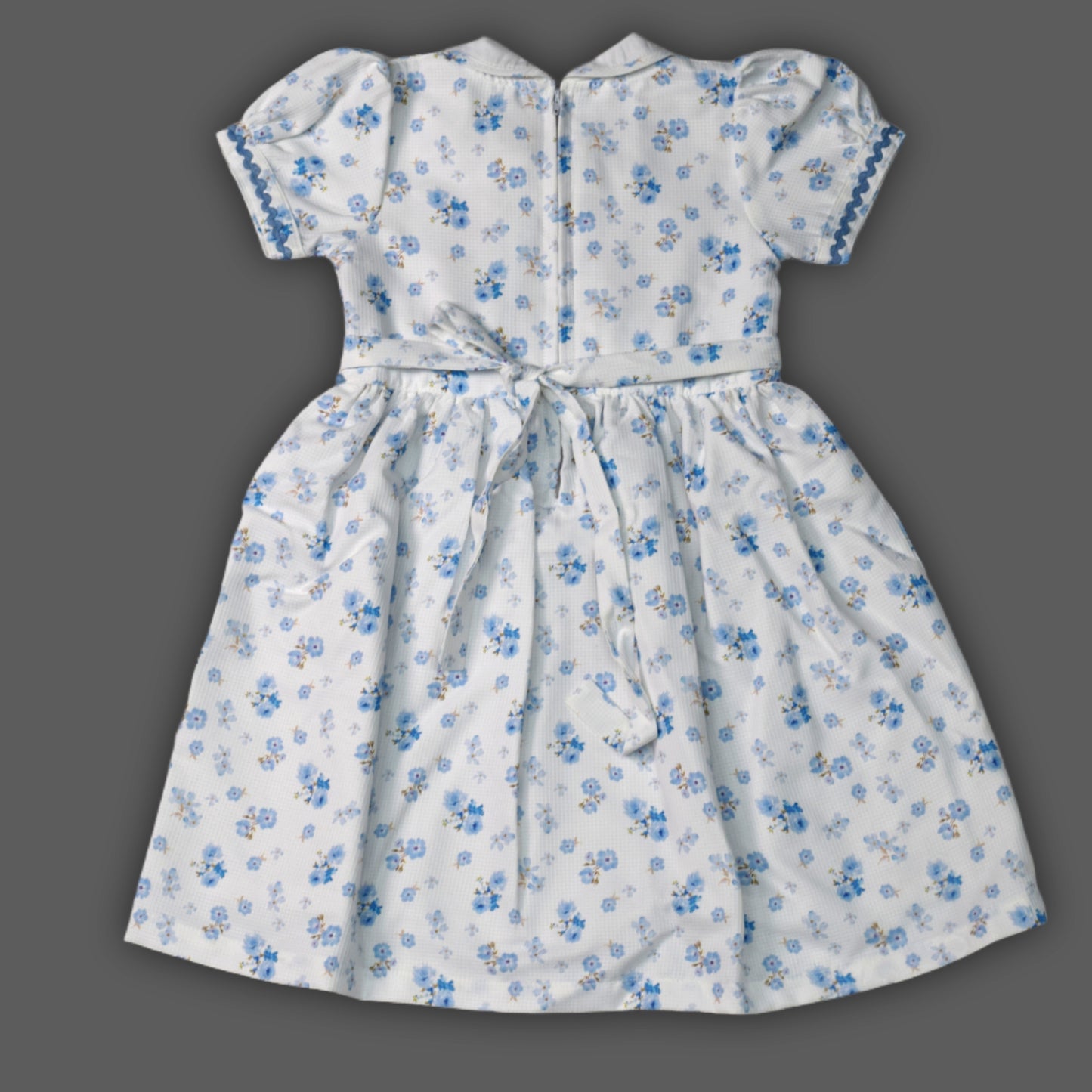 Girls Blue Floral Smocked Waist A-Line Frock with Peter Pan Collar