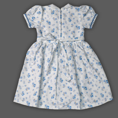Girls Blue Floral Smocked Waist A-Line Frock with Peter Pan Collar