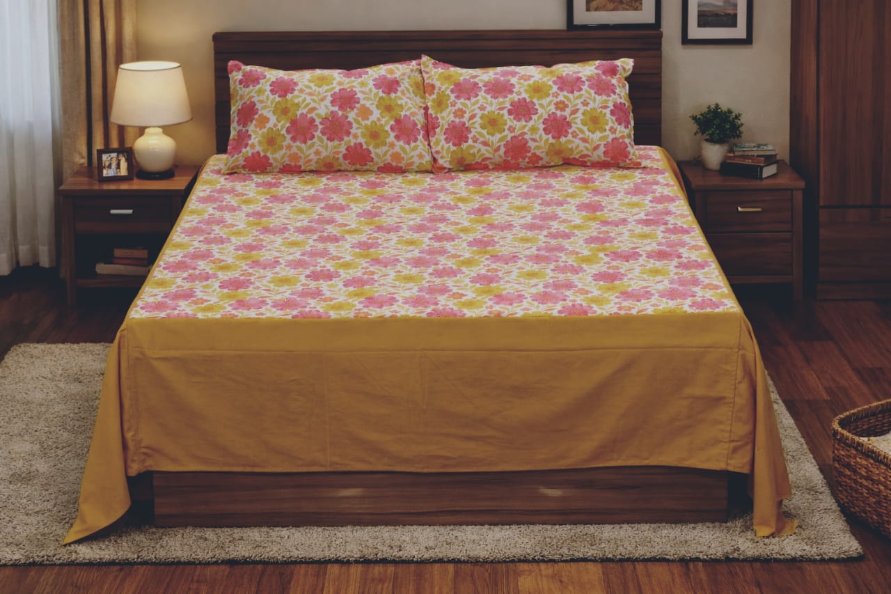 Floral Bloom King Size Bed Spread with Matching Pillow Covers – Soft Cotton Feel