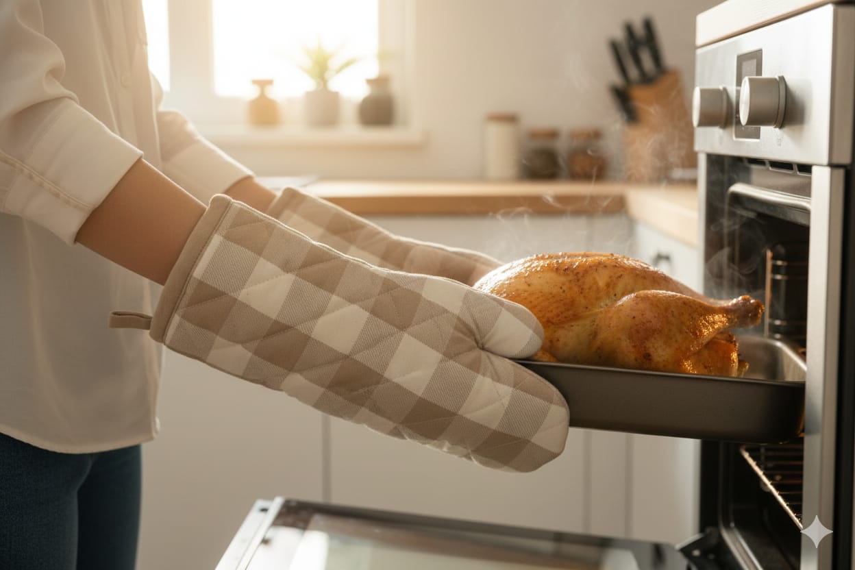Beige Checkered Quilted Oven Gloves – Heat-Resistant Kitchen Mitts (Set of 2)