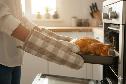 Beige Checkered Quilted Oven Gloves – Heat-Resistant Kitchen Mitts (Set of 2)