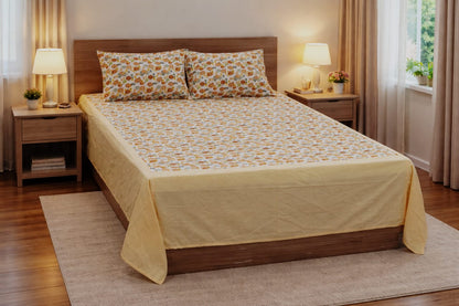 King Size Printed Cotton Bed Spread with Pillow Covers – Floral Pumpkin Design