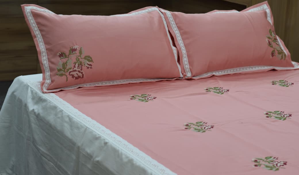 Elegant Pink Floral Embroidered King Size Bed Spread with Pillow Covers