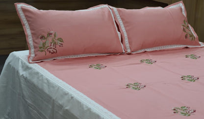 Elegant Pink Floral Embroidered King Size Bed Spread with Pillow Covers