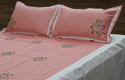 Elegant Pink Floral Embroidered King Size Bed Spread with Pillow Covers
