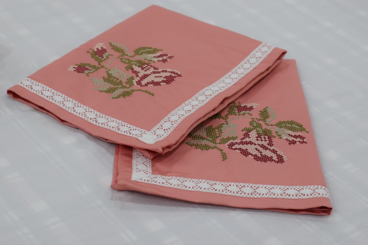 Elegant Pink Floral Embroidered King Size Bed Spread with Pillow Covers