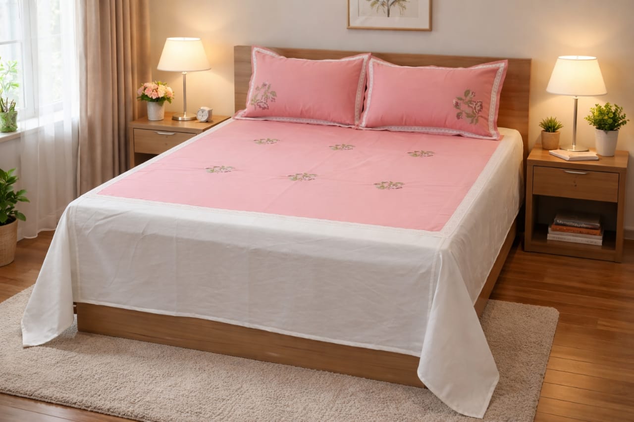 Elegant Pink Floral Embroidered King Size Bed Spread with Pillow Covers