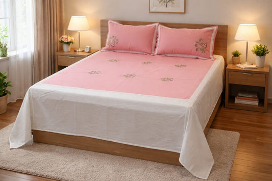 Elegant Pink Floral Embroidered King Size Bed Spread with Pillow Covers