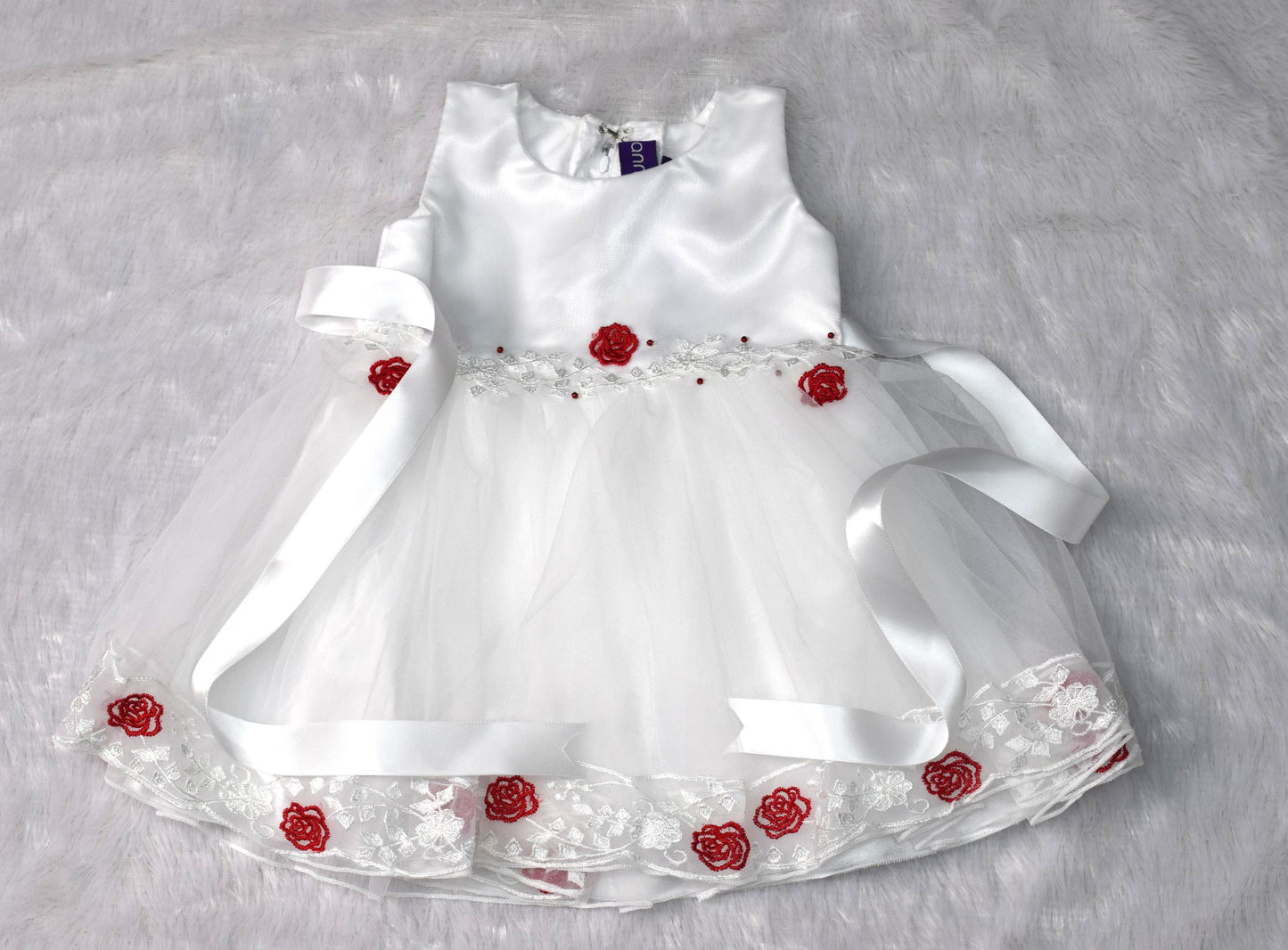 White Satin & Net Baby Party Frock with Red Floral Embroidery