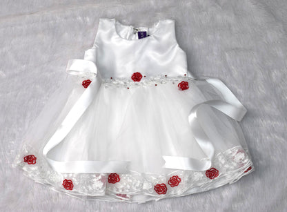 White Satin & Net Baby Party Frock with Red Floral Embroidery