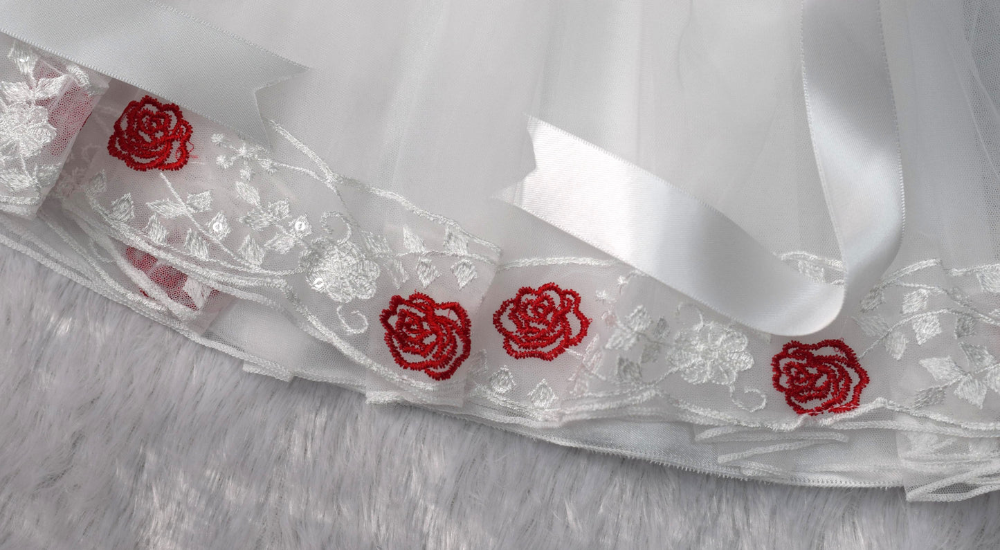 White Satin & Net Baby Party Frock with Red Floral Embroidery