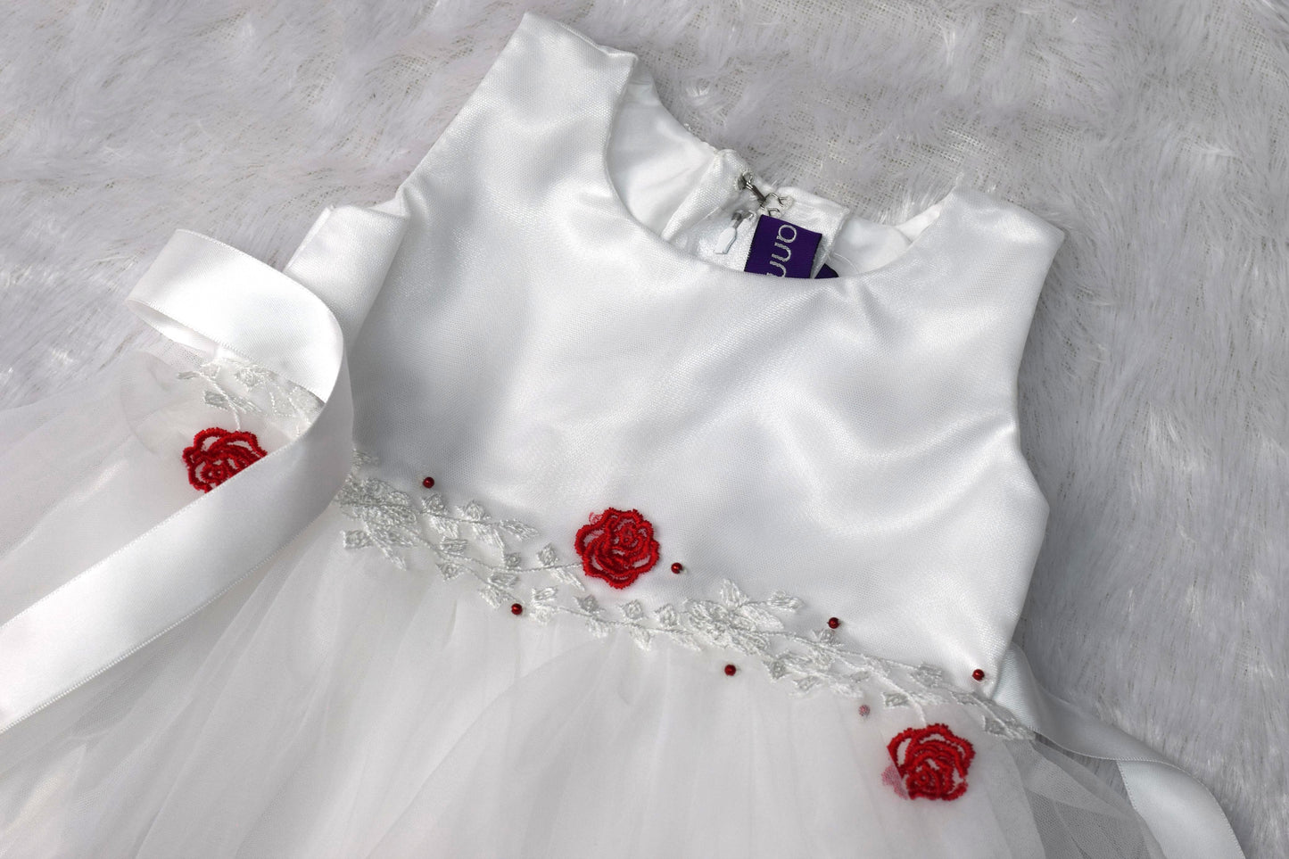 White Satin & Net Baby Party Frock with Red Floral Embroidery