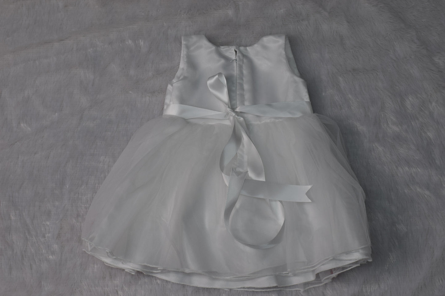 White Satin & Net Baby Party Frock with Red Floral Embroidery