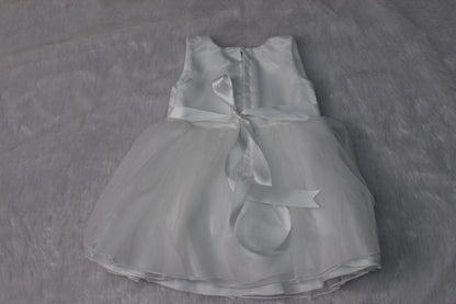 White Satin & Net Baby Party Frock with Red Floral Embroidery