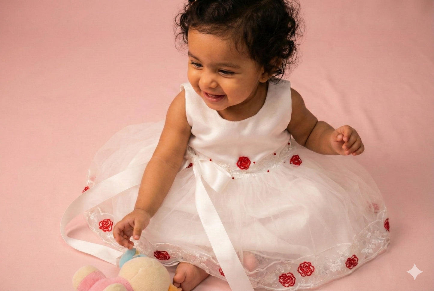 White Satin & Net Baby Party Frock with Red Floral Embroidery