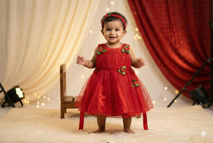 Red Floral Baby Party Frock – Soft Net Layered Dress with Satin Belt & Rose Appliqué
