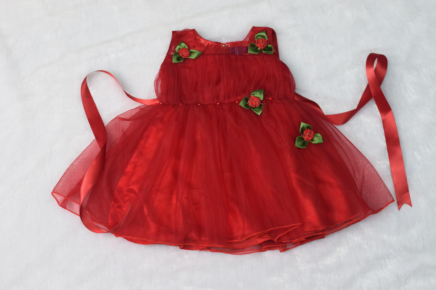 Red Floral Baby Party Frock – Soft Net Layered Dress with Satin Belt & Rose Appliqué
