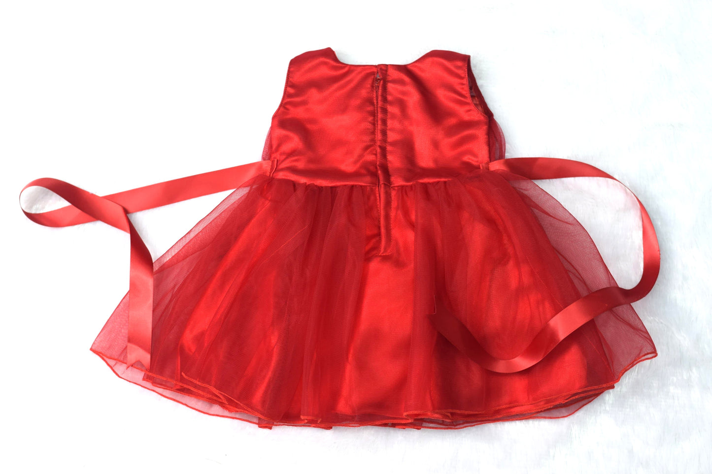 Red Floral Baby Party Frock – Soft Net Layered Dress with Satin Belt & Rose Appliqué