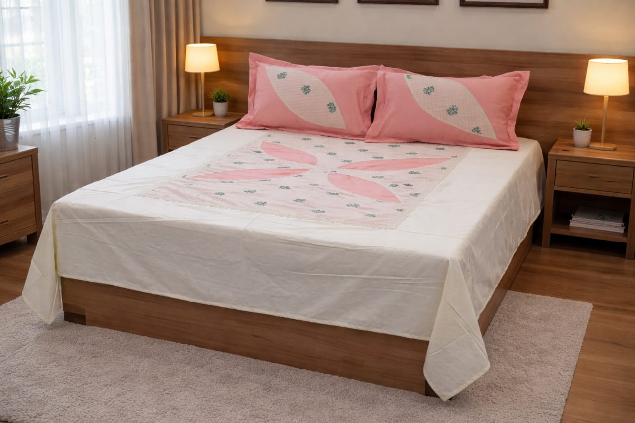 Elegant Floral Appliqué King Size Bed Spread with Pillow Covers – Soft Cotton, Pink & White