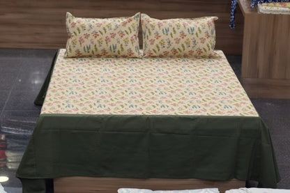 Floral Print King Size Bedspread with Solid Green Border – Soft Cotton Feel