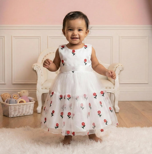🌸 White Floral Embroidered Baby Frock – Party &  Birthday Wear