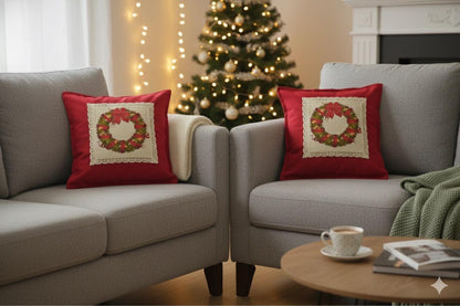 Festive Holiday Wreath Print Pillow Cover with Elegant Lace Edge