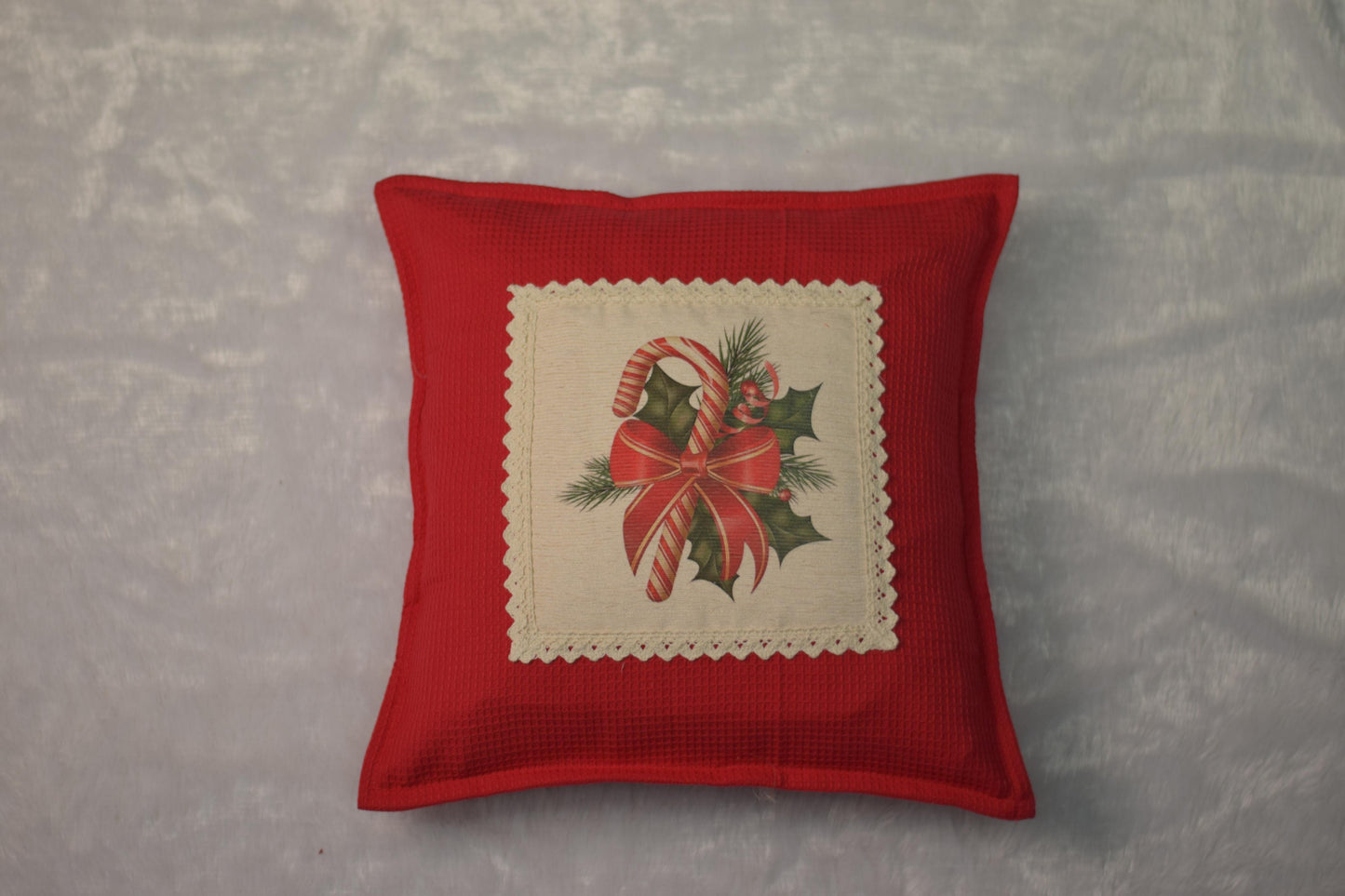 Festive Christmas Candy Cane & Holly Decorative Cushion Cover | 16x16 Inch