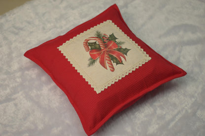 Festive Christmas Candy Cane & Holly Decorative Cushion Cover | 16x16 Inch