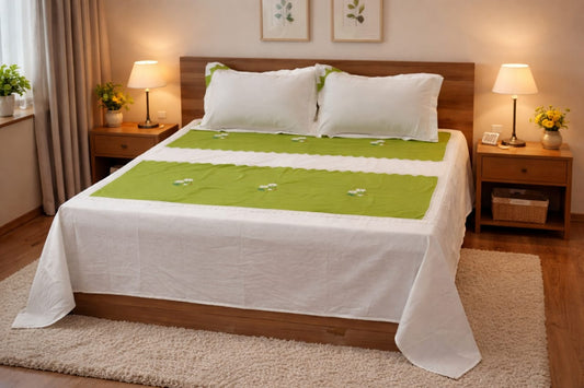 Elegant Green &White Floral Lace King Size Bedspread