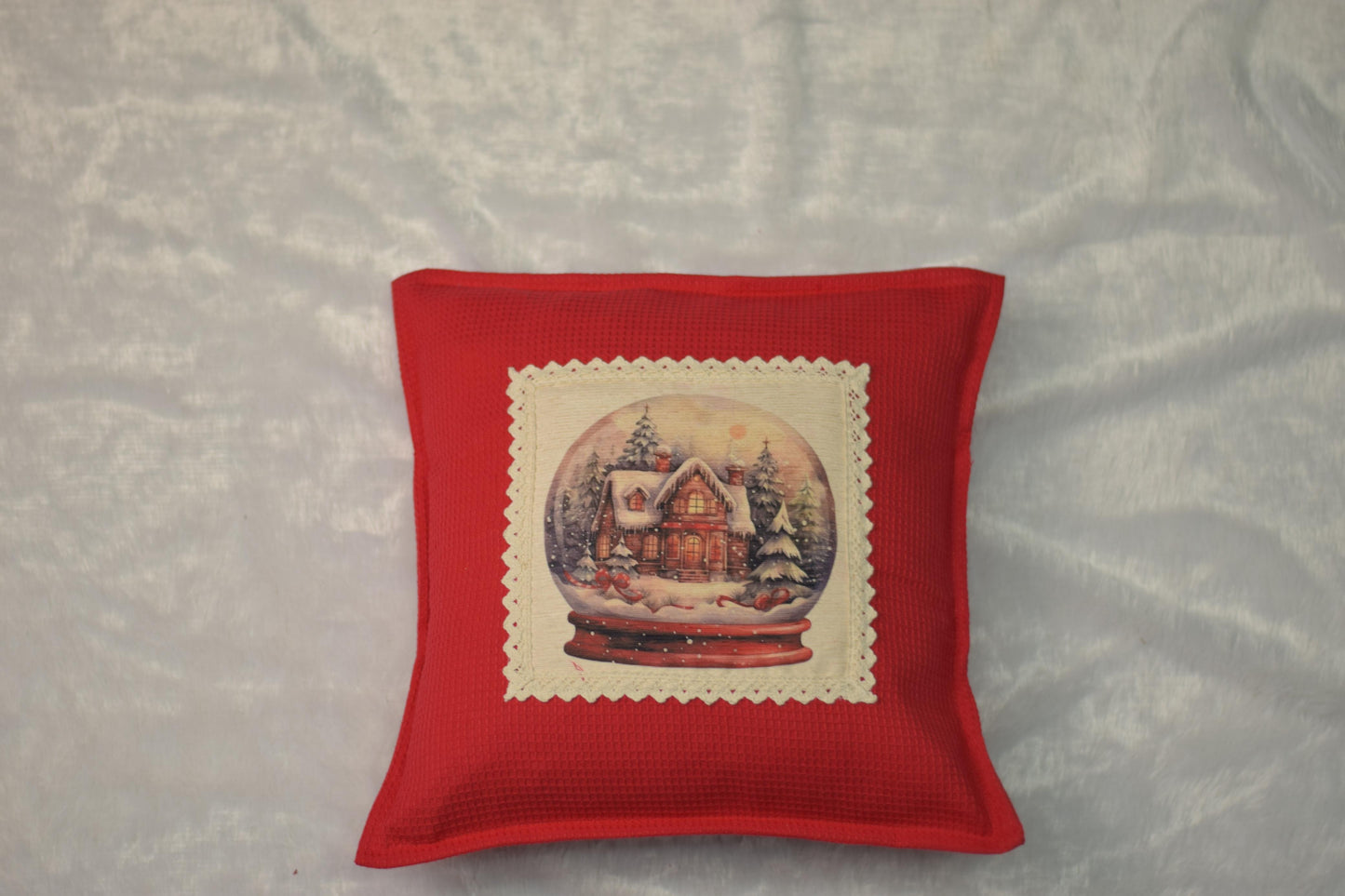 Holiday Cheer Red Cushion Cover with Vintage Snow Globe Image (16" x 16")
