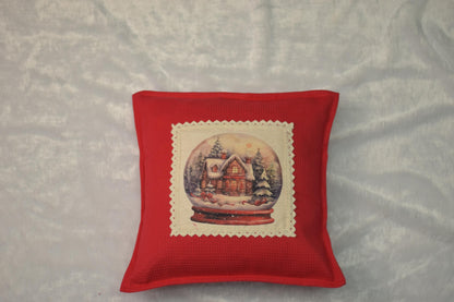 Holiday Cheer Red Cushion Cover with Vintage Snow Globe Image (16" x 16")
