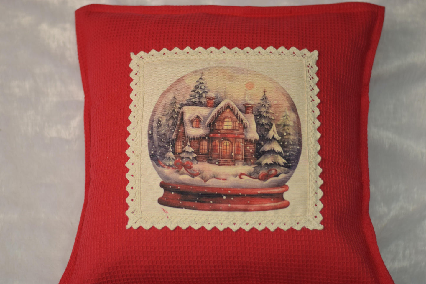 Holiday Cheer Red Cushion Cover with Vintage Snow Globe Image (16" x 16")