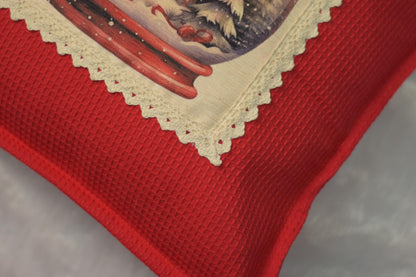 Holiday Cheer Red Cushion Cover with Vintage Snow Globe Image (16" x 16")