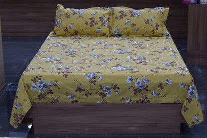 Mustard Yellow Floral Queen Size Bedsheet with Pillow Covers