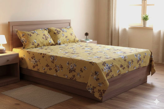 Mustard Yellow Floral Queen Size Bedsheet with Pillow Covers
