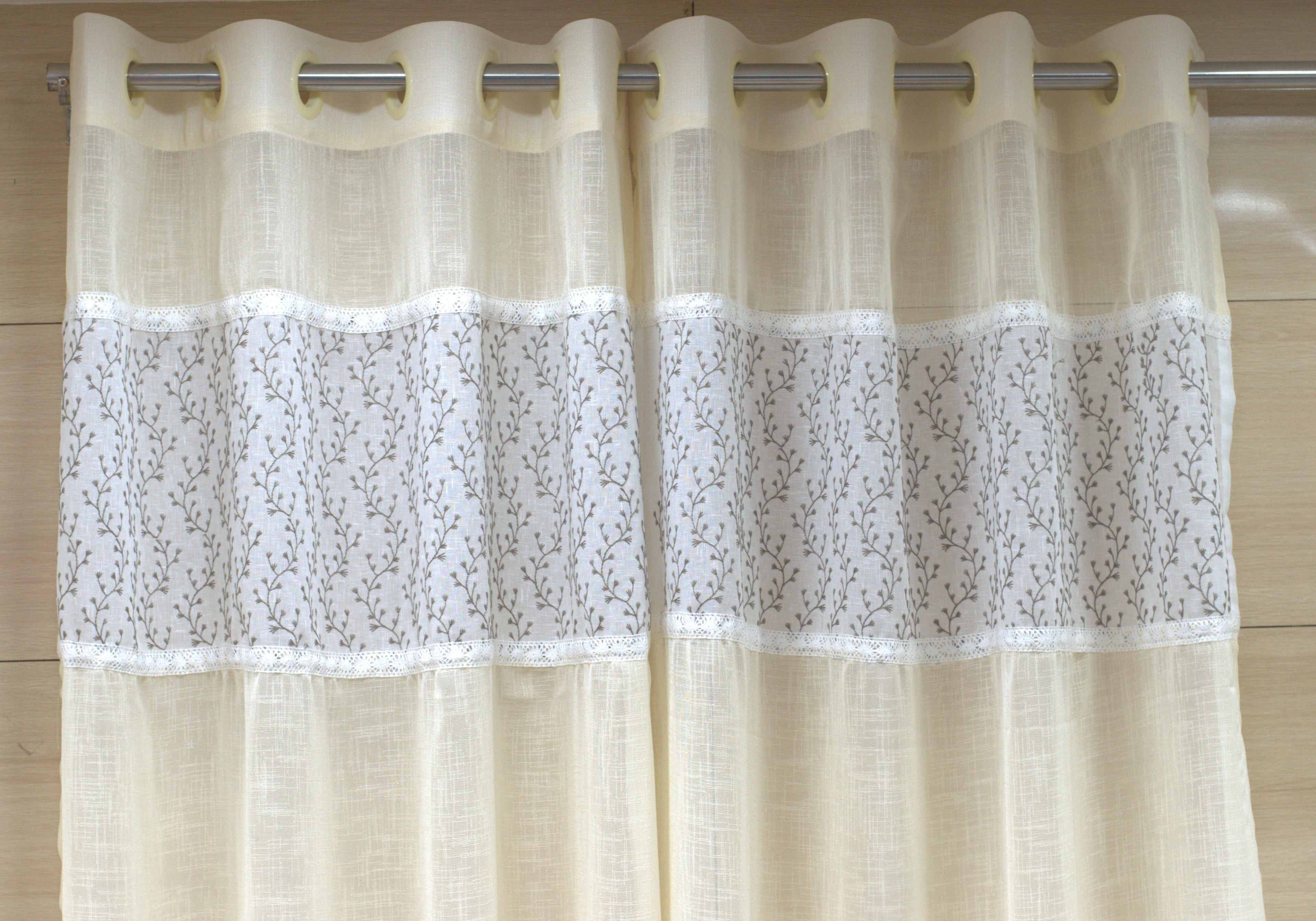 Elegant Semi Linen Door Curtain 4×7 ft – Cream Floral Panel with Eyelet Rings