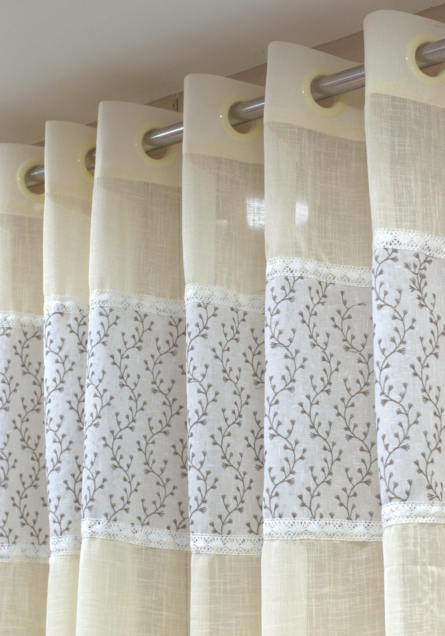 Elegant Semi Linen Door Curtain 4×7 ft – Cream Floral Panel with Eyelet Rings