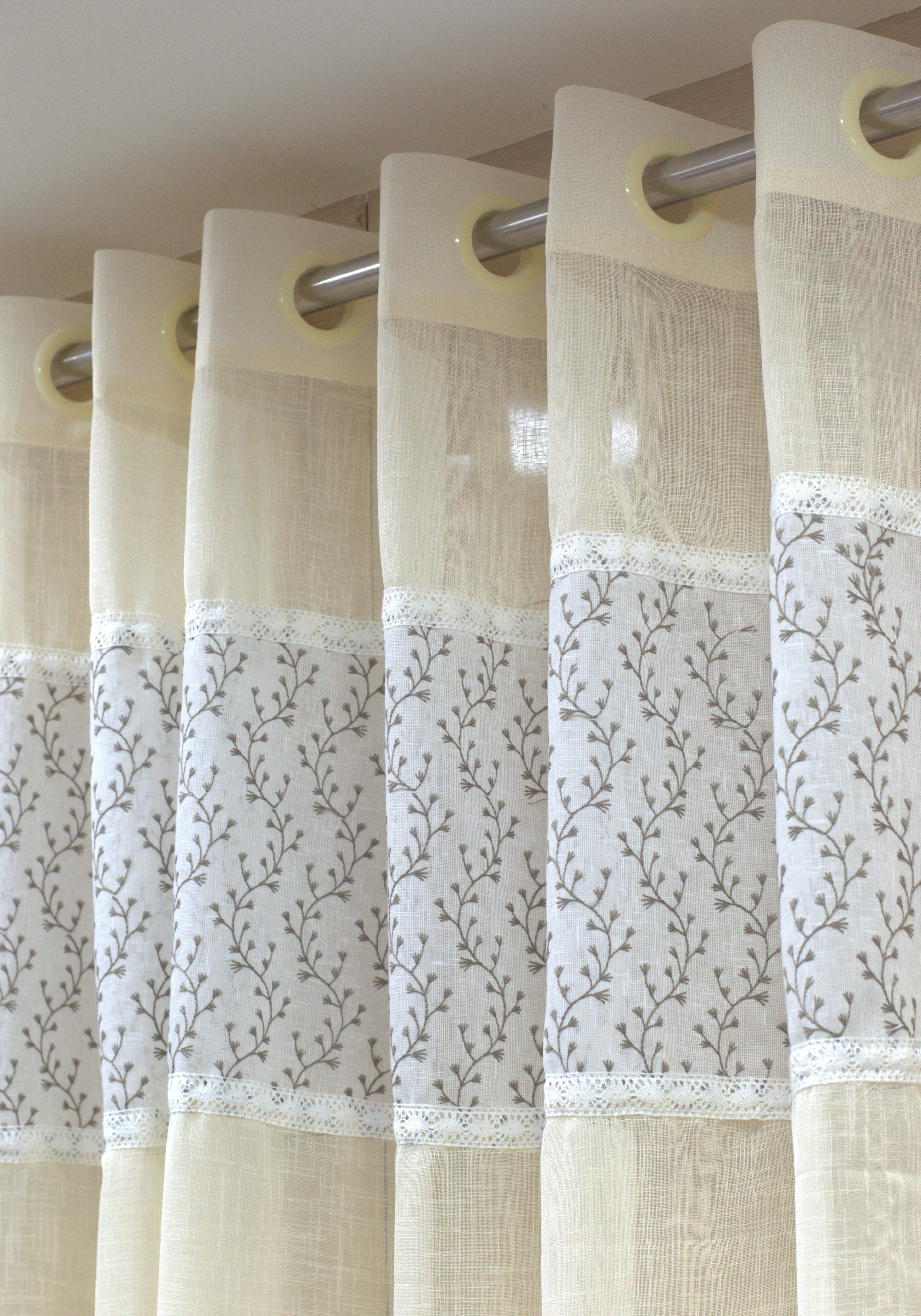 Elegant Semi Linen Door Curtain 4×7 ft – Cream Floral Panel with Eyelet Rings