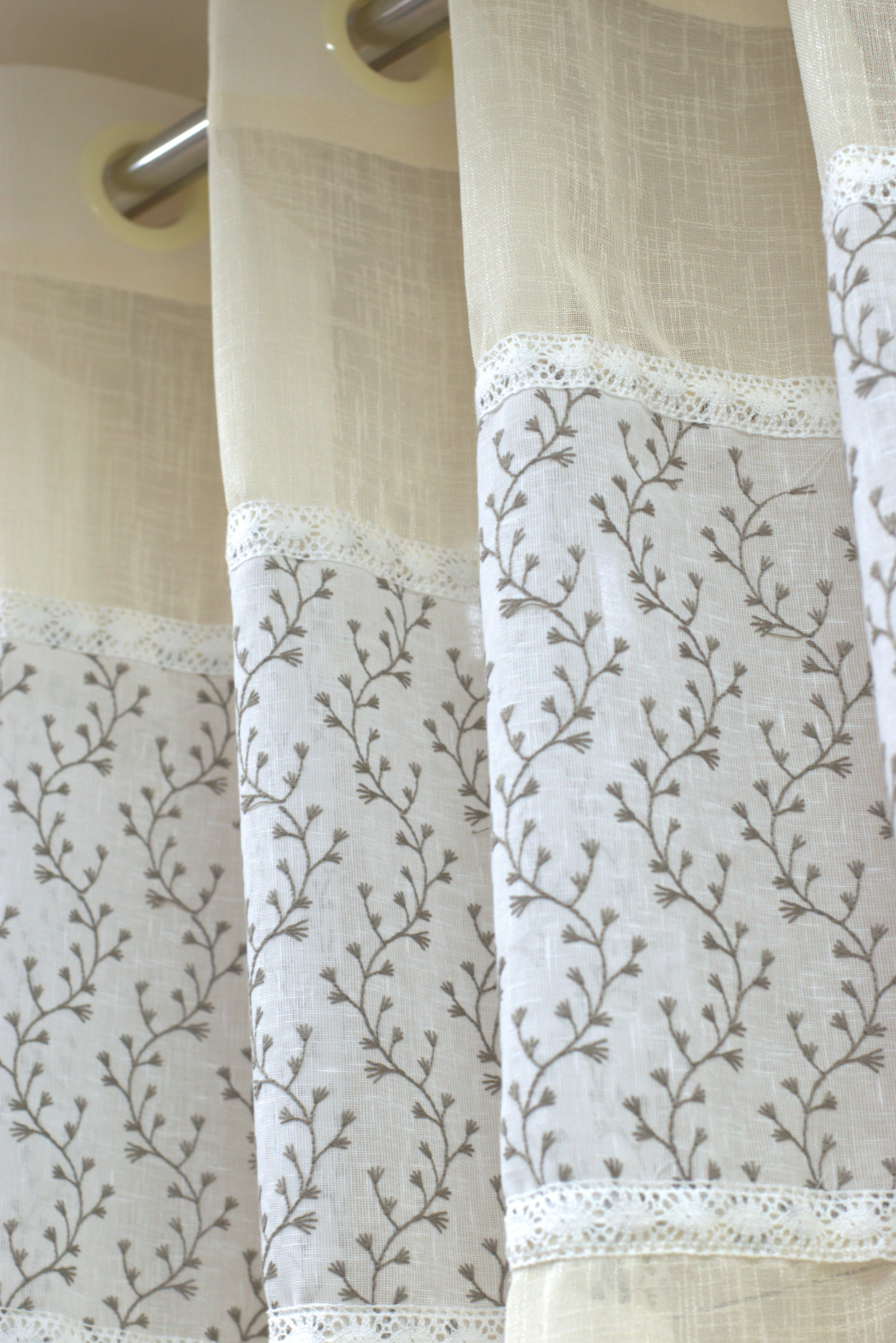 Elegant Semi Linen Door Curtain 4×7 ft – Cream Floral Panel with Eyelet Rings