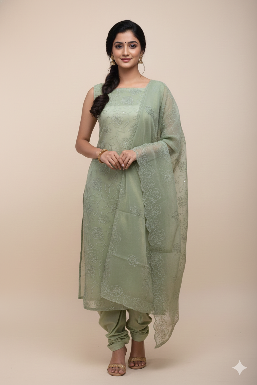 Soft Organza Embroidered Unstitched Churidar Set – Sage Green (Without Lining)