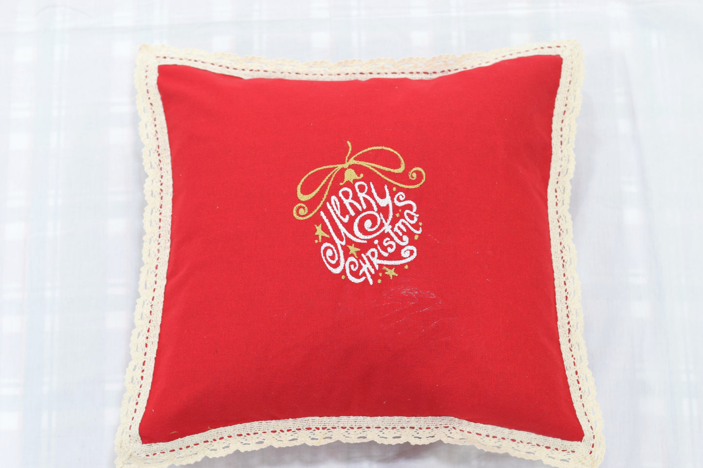 Festive Merry Christmas Cushion Cover – 16x16 Inch (Red with Lace Border)